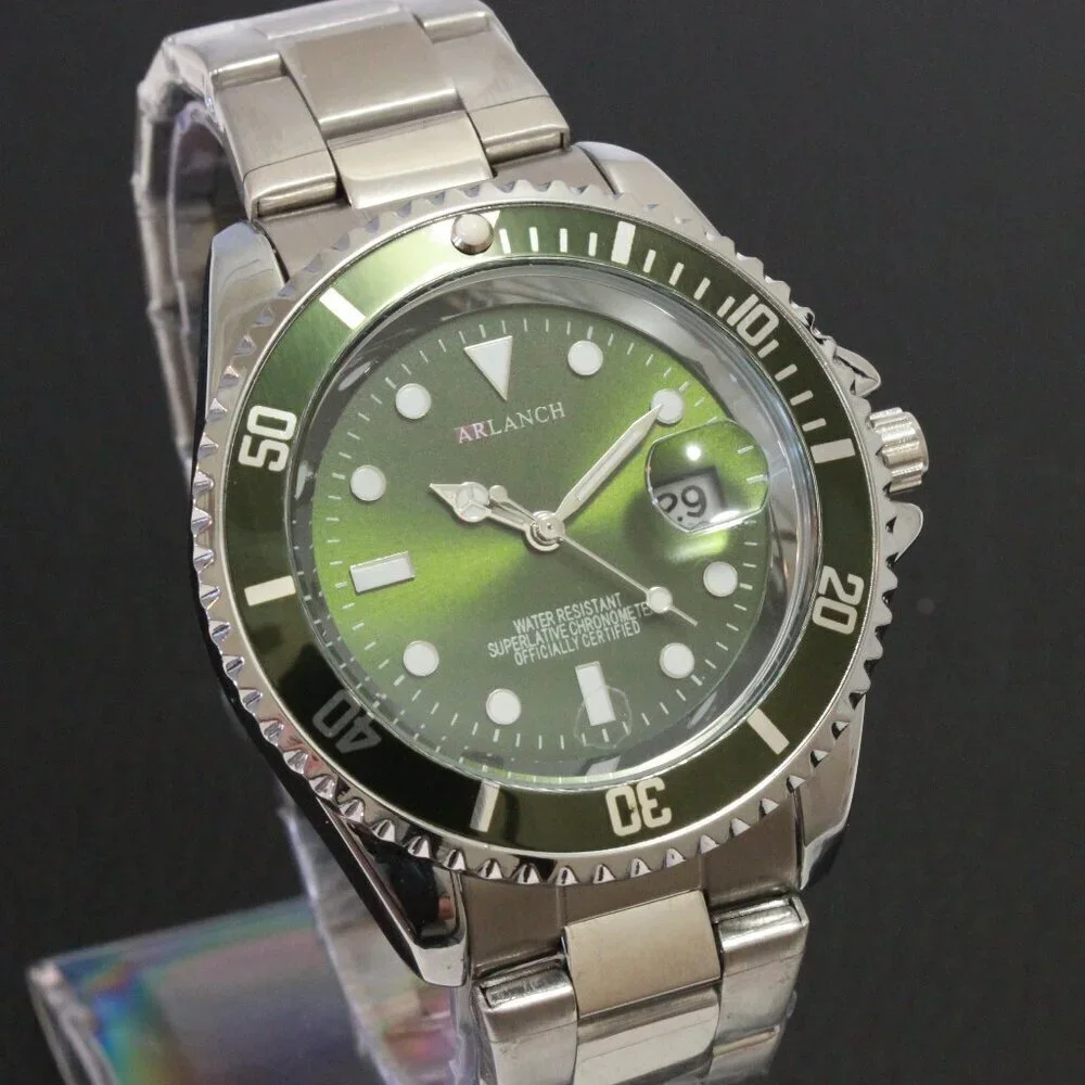 Men's Diver Style Watch Green Uni-directional Bezel Stainless Bracelet 40mm